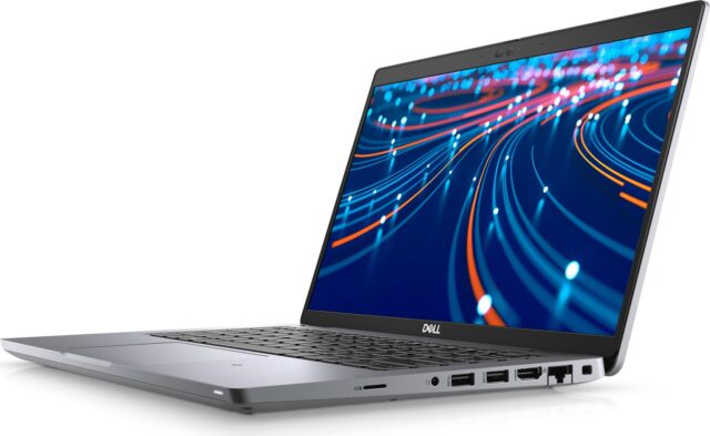 Dell prenosni računalnik s svetlim zaslonom, ki prikazuje dinamične barvne linije.