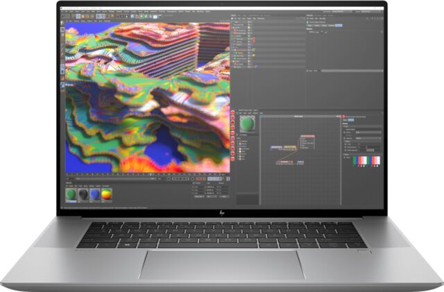 HP prenosni računalnik prikazuje grafični program z barvitimi 3D modeli na zaslonu.