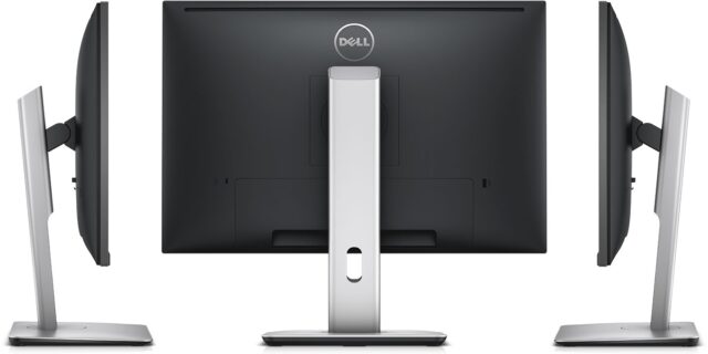 Dell monitor s črnim zaslonom in srebrnim nastavljivim stojalom, prikazan z različnih zornih kotov.