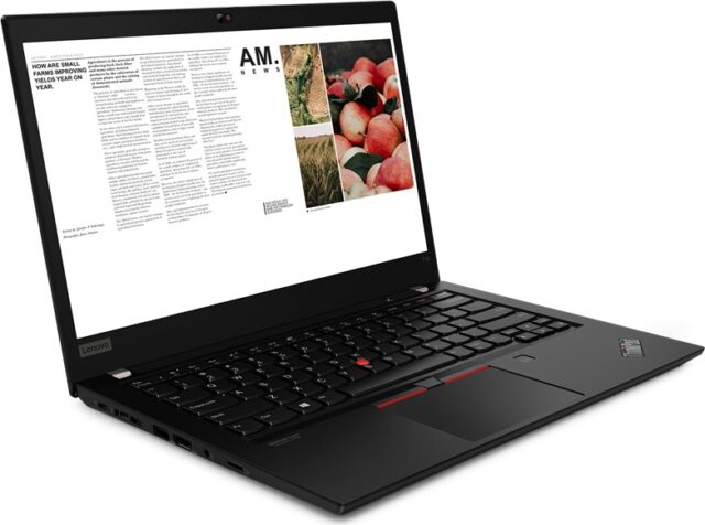 Lenovo ThinkPad T14s prenosnik z odprto zaslonom in tipkovnico v črni barvi.